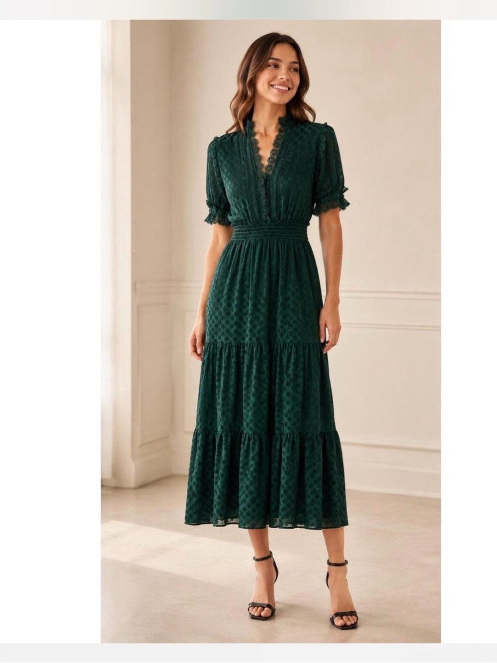 Max Studio Emerald Green Jacquard
Lace Trim Tiered Midi Dress